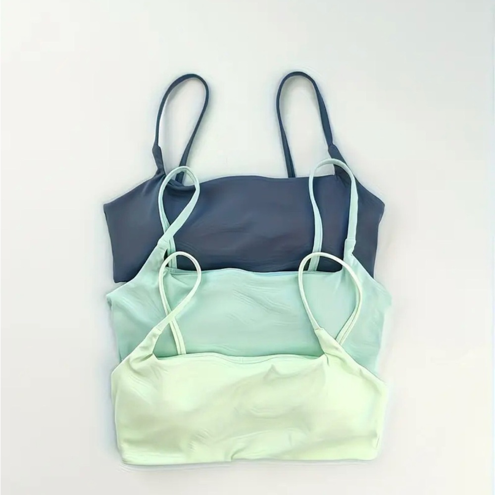Set of Three Strappy Bralettes in Blue and Green